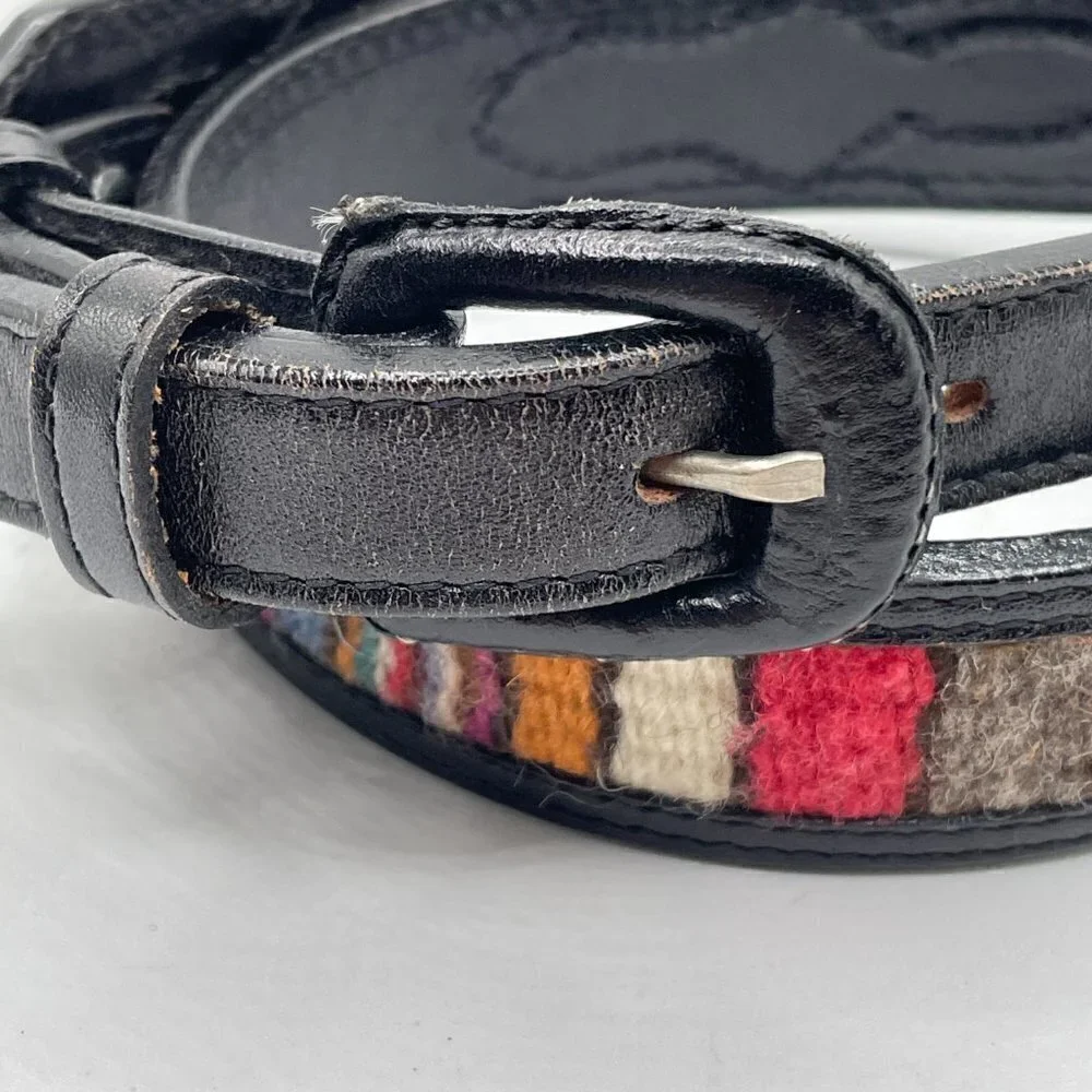 Vintage Indian Blanket Inset Black Leather Removable Buckle Waist Belt 25